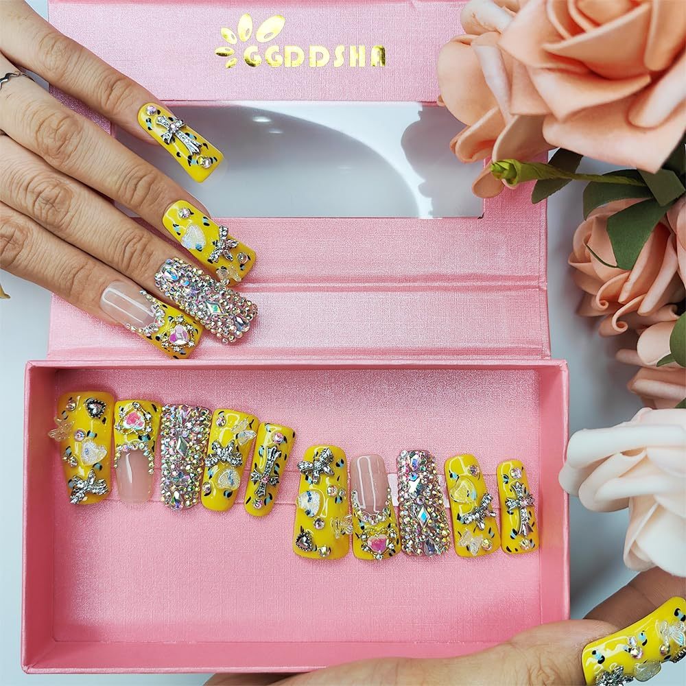 GGddsha Duck Nails Handmade PMMA Acrylic MediumSquare Fake Nails With Rhinestones Love Butterfly DesignReusable Full Coverage Duck Ladies Fake Nail,Sunlit Cherub