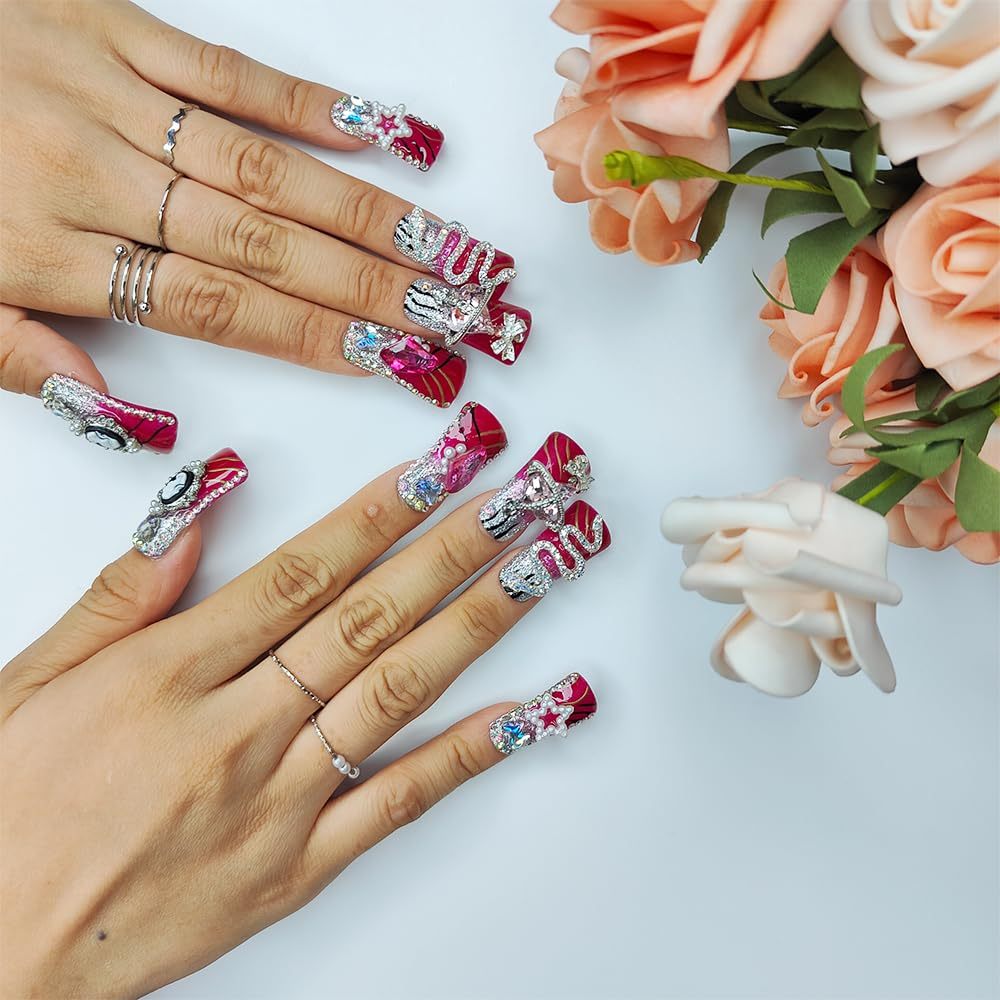 GGddsha Vermilion Duck Nails Medium Square Fake Nailswith Stars Butterflies Snake Designs Handmade Pmmaacrylic Glossy Reusable Fake NailsScarlet Serpent Eclat