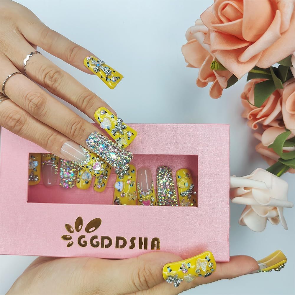 GGddsha Duck Nails Handmade PMMA Acrylic MediumSquare Fake Nails With Rhinestones Love Butterfly DesignReusable Full Coverage Duck Ladies Fake Nail,Sunlit Cherub