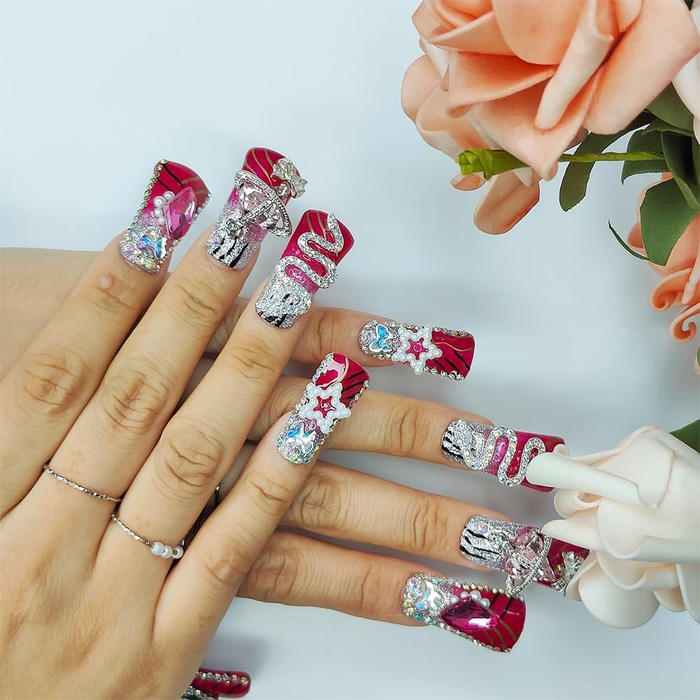 GGddsha Vermilion Duck Nails Medium Square Fake Nailswith Stars Butterflies Snake Designs Handmade Pmmaacrylic Glossy Reusable Fake NailsScarlet Serpent Eclat