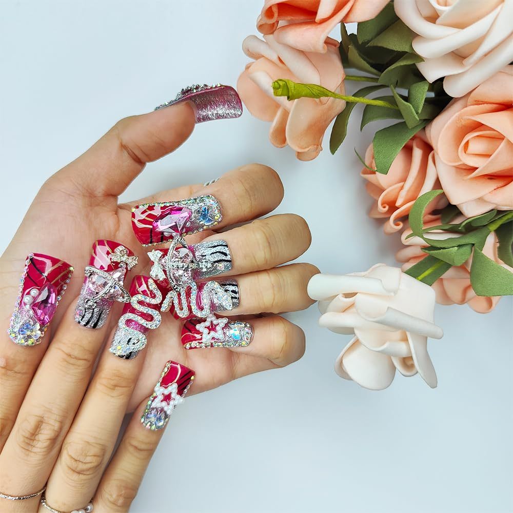 GGddsha Vermilion Duck Nails Medium Square Fake Nailswith Stars Butterflies Snake Designs Handmade Pmmaacrylic Glossy Reusable Fake NailsScarlet Serpent Eclat